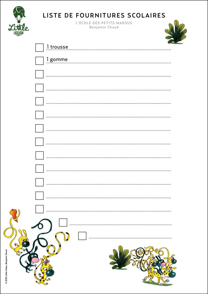 Liste de fournitures scolaires avec les Petits Marsus